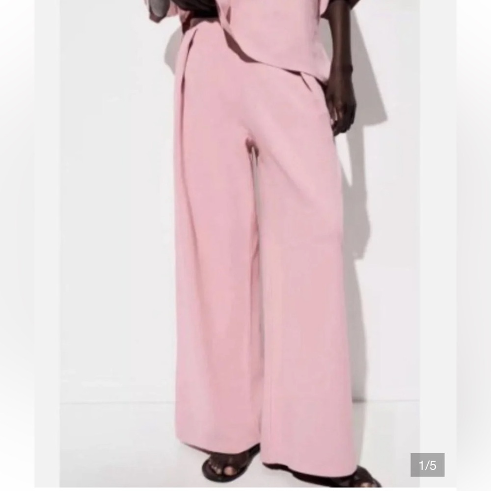 Zara Pink Wide Leg Pleated Knit Trousers High Rise Fluid Flowy Lounge Women S